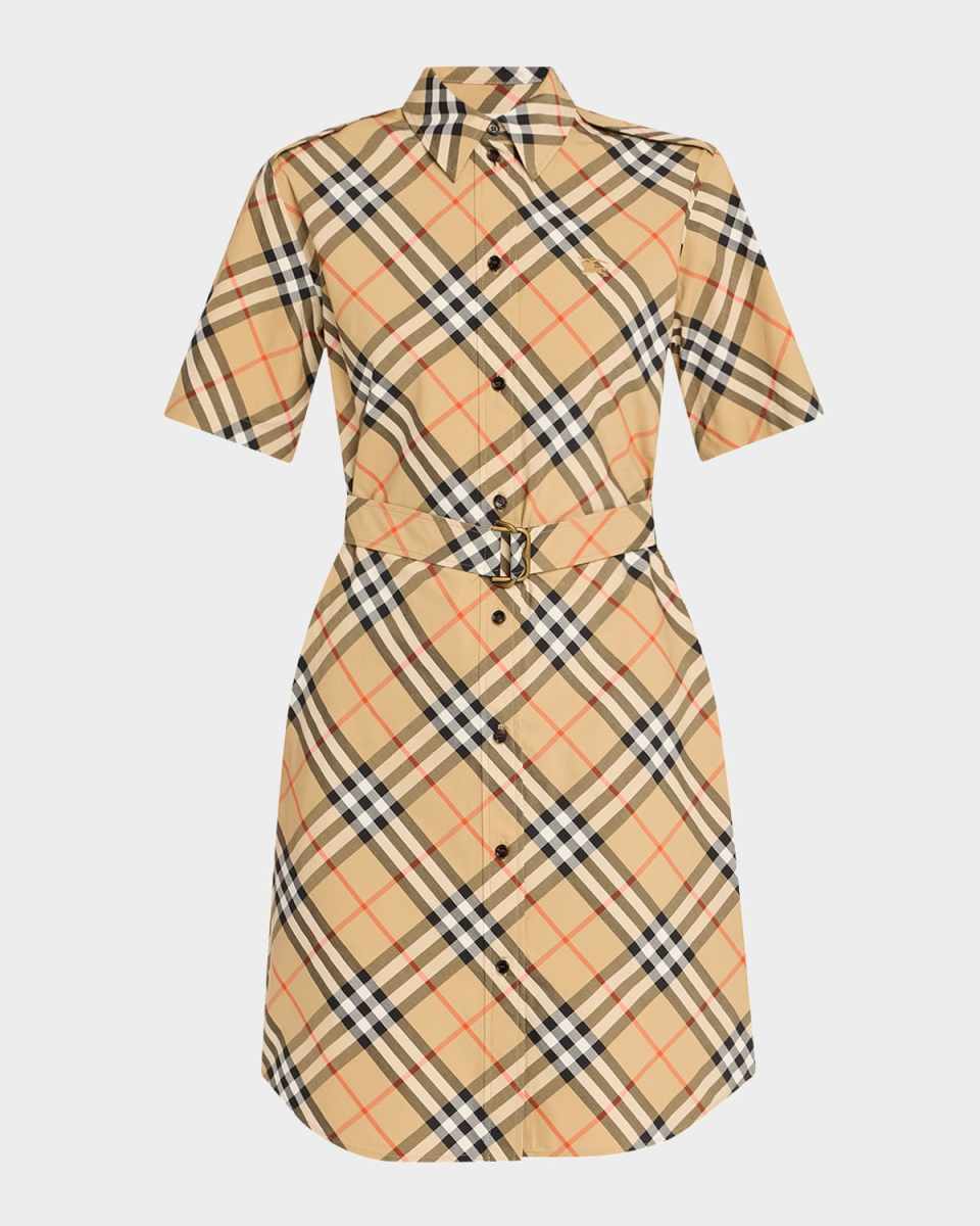 Check Short-Sleeve Belted Mini Shirtdress